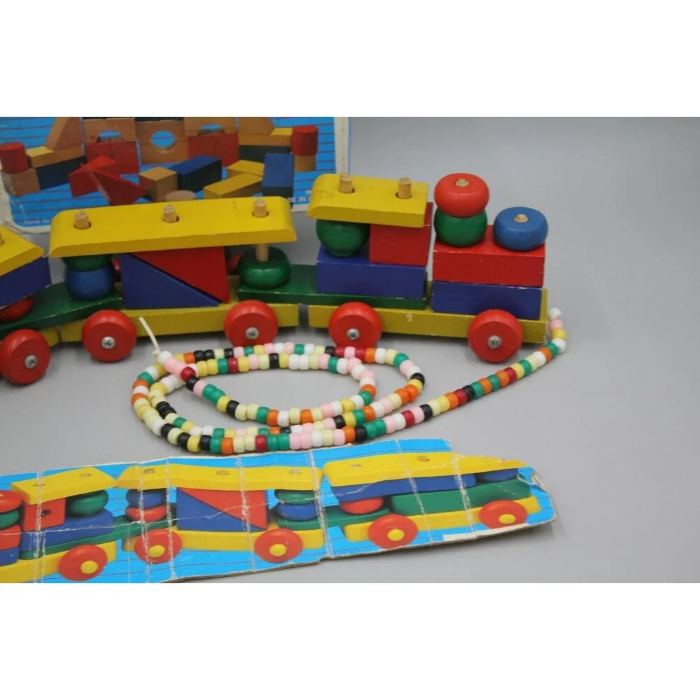 My Kids 44pc Wooden Blocks + Train Pull Vintage Set Primary Toddler Montessori